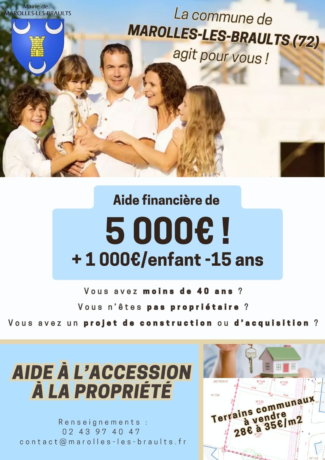 Affiche de la commune : aide à l’accession à la propriété, 5 000 € plus 1 000 € par enfant de moins de 15 ans